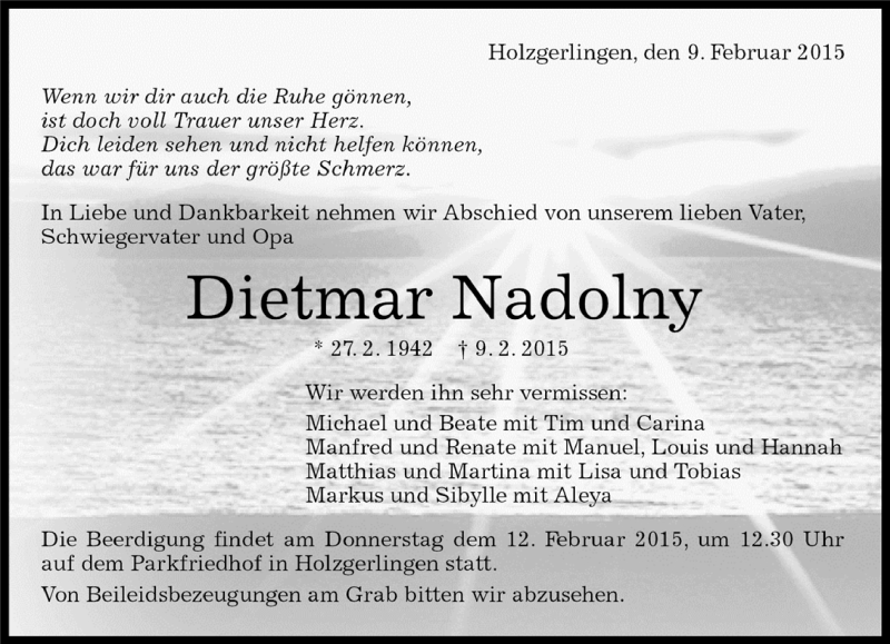  Traueranzeige für Dietmar Nadolny vom 11.02.2015 aus Kreiszeitung Böblinger Bote