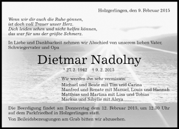 Traueranzeige von Dietmar Nadolny von Kreiszeitung Böblinger Bote