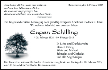 Traueranzeige von Eugen Schilling von Kreiszeitung Böblinger Bote