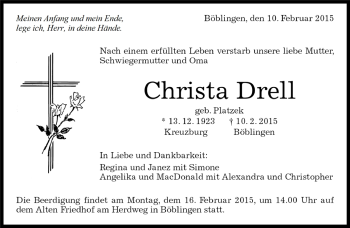 Traueranzeige von Christa Drell von Kreiszeitung Böblinger Bote