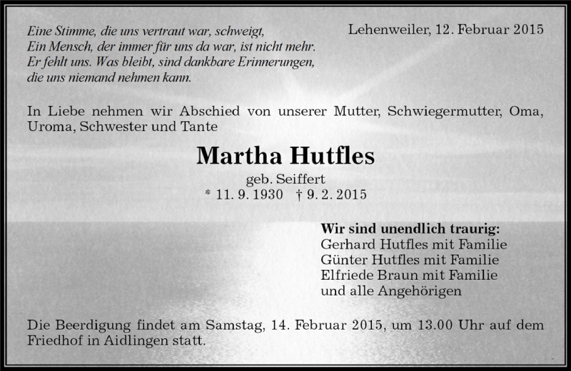  Traueranzeige für Martha Hutfles vom 12.02.2015 aus Kreiszeitung Böblinger Bote