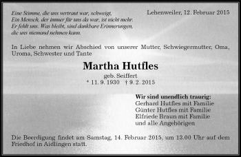 Traueranzeige von Martha Hutfles von Kreiszeitung Böblinger Bote