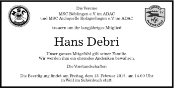 Traueranzeige von Hans Debri von Kreiszeitung Böblinger Bote