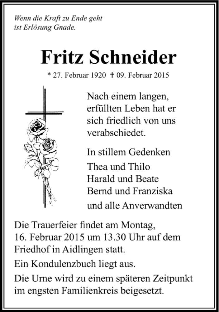  Traueranzeige für Fritz Schneider vom 13.02.2015 aus Kreiszeitung Böblinger Bote