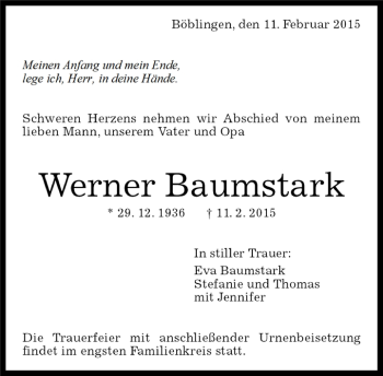 Traueranzeige von Werner Baumstark von Kreiszeitung Böblinger Bote