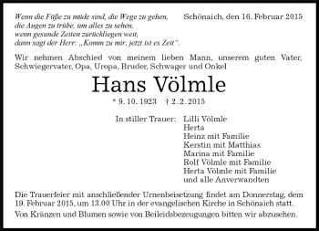 Traueranzeige von Hans Völmle von Kreiszeitung Böblinger Bote