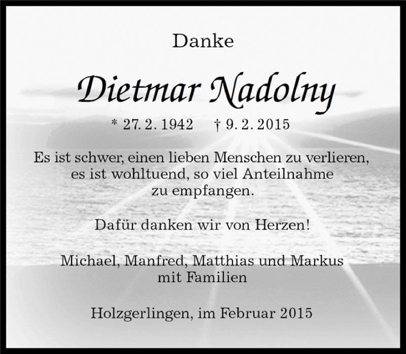  Traueranzeige für Dietmar Nadolny vom 20.02.2015 aus Kreiszeitung Böblinger Bote