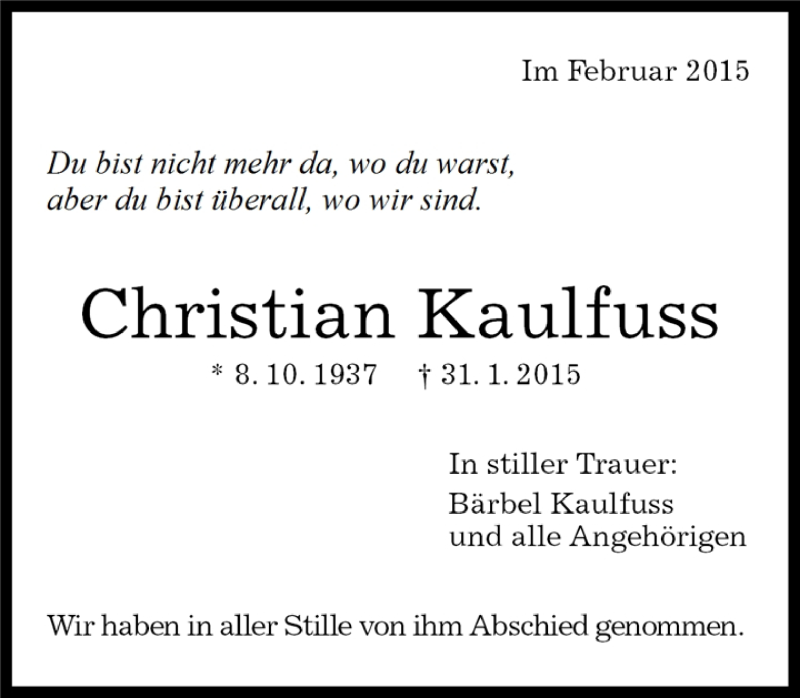  Traueranzeige für Christian Kaulfuss vom 20.02.2015 aus Kreiszeitung Böblinger Bote