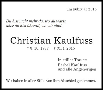 Traueranzeige von Christian Kaulfuss von Kreiszeitung Böblinger Bote