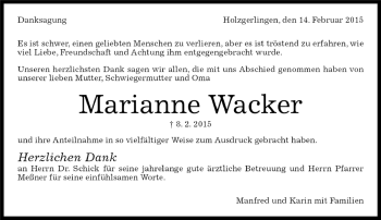 Traueranzeige von Marianne Wacker von Kreiszeitung Böblinger Bote