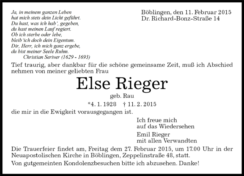  Traueranzeige für Else Rieger vom 20.02.2015 aus Kreiszeitung Böblinger Bote