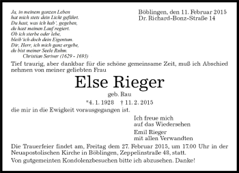 Traueranzeige von Else Rieger von Kreiszeitung Böblinger Bote