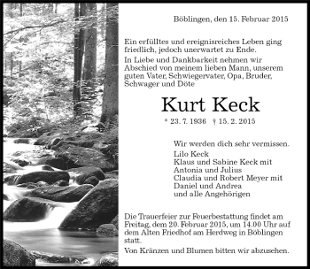Traueranzeige von Kurt Keck von Kreiszeitung Böblinger Bote