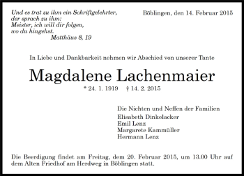 Traueranzeige von Magdalene Lachenmaier von Kreiszeitung Böblinger Bote