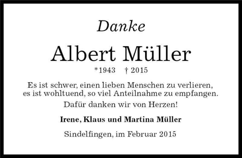  Traueranzeige für Albert Müller vom 19.02.2015 aus Kreiszeitung Böblinger Bote
