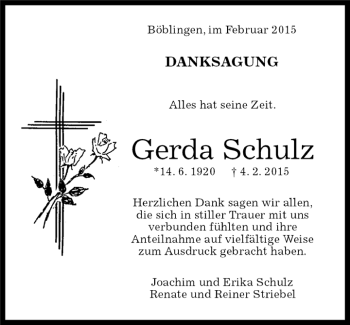 Traueranzeige von Gerda Schulz von Kreiszeitung Böblinger Bote