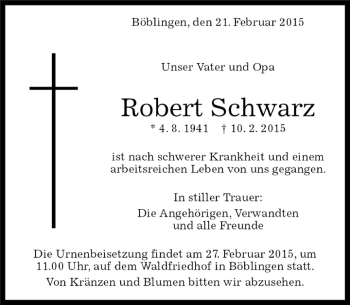 Traueranzeige von Robert Schwarz von Kreiszeitung Böblinger Bote