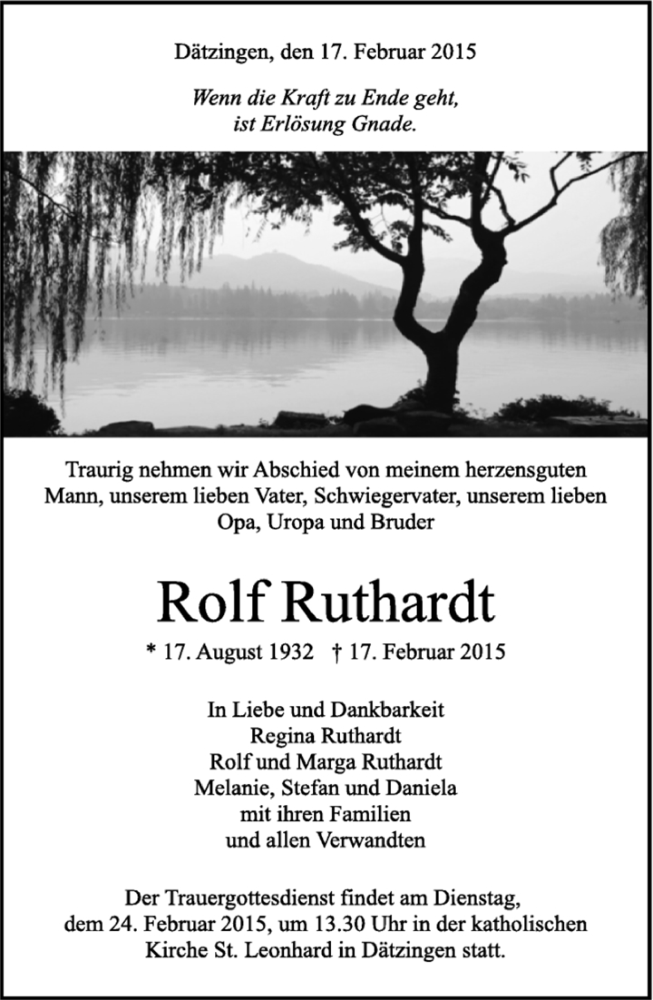  Traueranzeige für Rolf Ruthardt vom 19.02.2015 aus Kreiszeitung Böblinger Bote