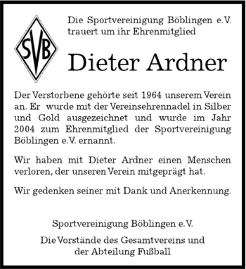 Traueranzeige von Dieter Ardner von Kreiszeitung Böblinger Bote