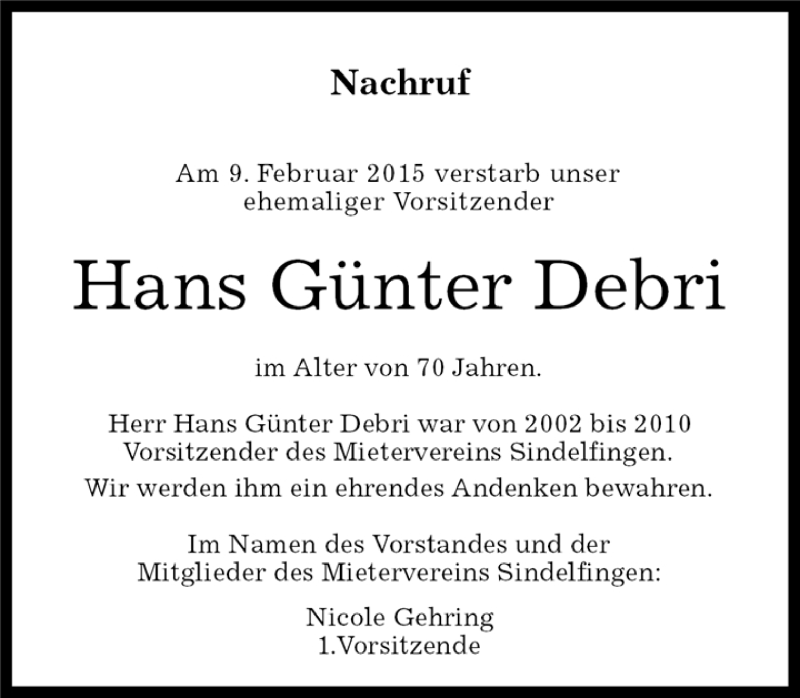  Traueranzeige für Hans Günter Debri vom 21.02.2015 aus Kreiszeitung Böblinger Bote