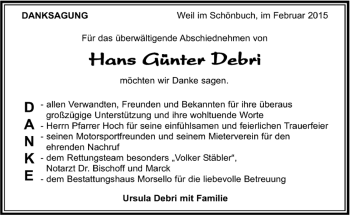 Traueranzeige von Hans Günter Debri von Kreiszeitung Böblinger Bote