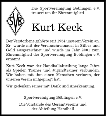 Traueranzeige von Kurt Keck von Kreiszeitung Böblinger Bote