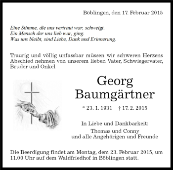 Traueranzeige von Georg Baumgärtner von Kreiszeitung Böblinger Bote