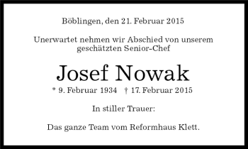 Traueranzeige von Josef Nowak von Kreiszeitung Böblinger Bote