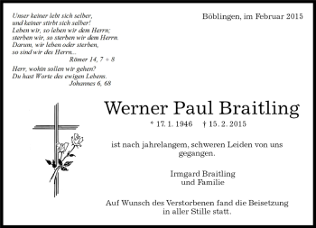 Traueranzeige von Werner Paul Braitling von Kreiszeitung Böblinger Bote