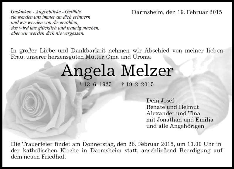  Traueranzeige für Angela Melzer vom 23.02.2015 aus Kreiszeitung Böblinger Bote