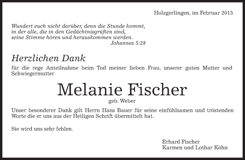  Traueranzeige für Melanie Fischer vom 26.02.2015 aus Kreiszeitung Böblinger Bote
