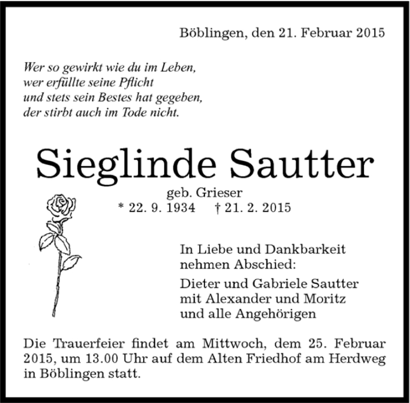  Traueranzeige für Sieglinde Sautter vom 23.02.2015 aus Kreiszeitung Böblinger Bote
