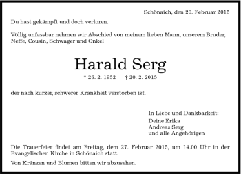 Traueranzeige von Harald Serg von Kreiszeitung Böblinger Bote