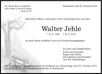 Traueranzeige von Walter Jehle von Kreiszeitung Böblinger Bote