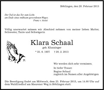 Traueranzeige von Klara Schaal von Kreiszeitung Böblinger Bote