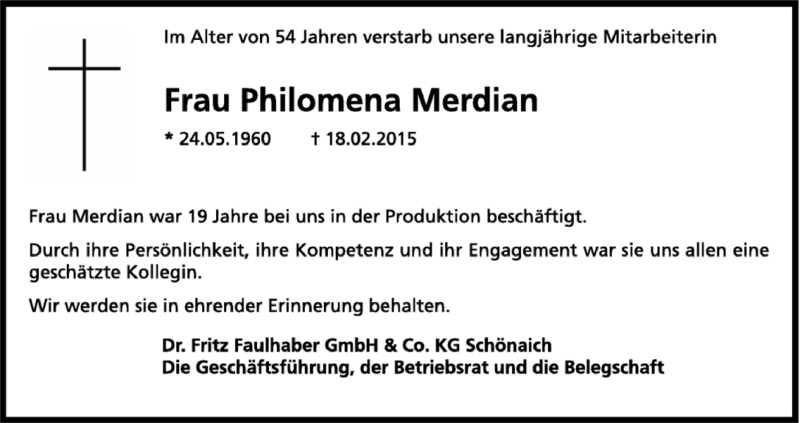  Traueranzeige für Philomena Merdian vom 24.02.2015 aus Kreiszeitung Böblinger Bote