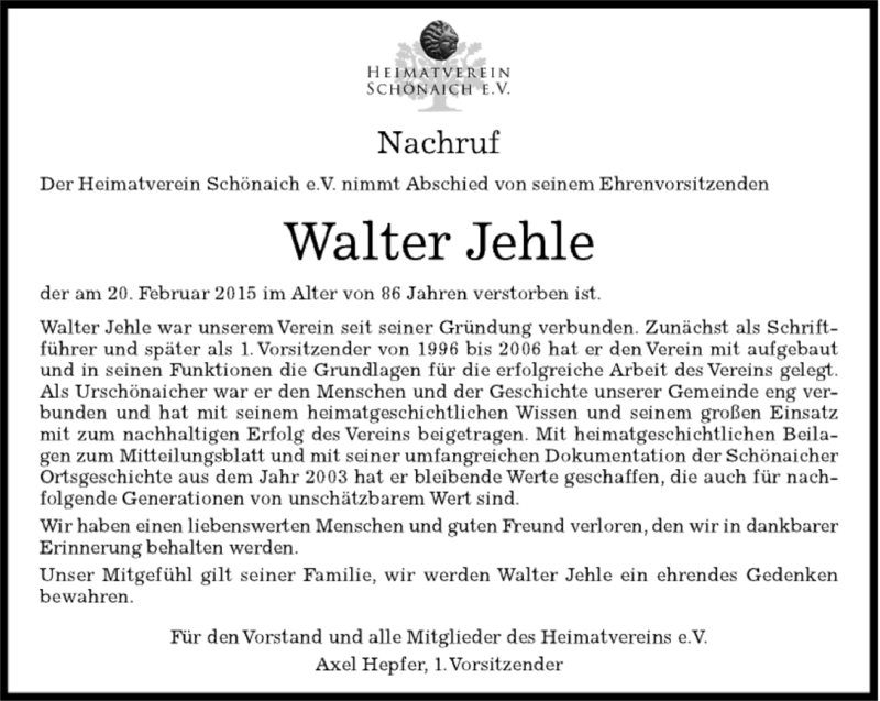  Traueranzeige für Walter Jehle vom 24.02.2015 aus Kreiszeitung Böblinger Bote