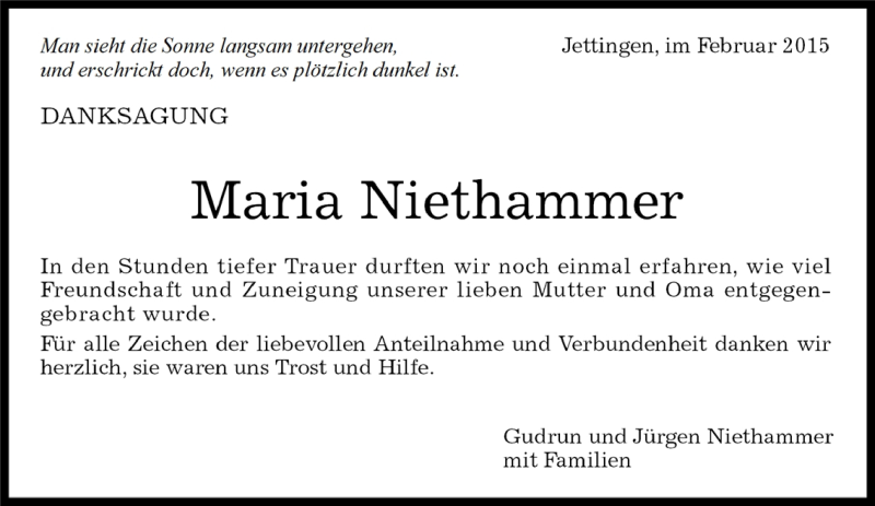  Traueranzeige für Maria Niethammer vom 26.02.2015 aus Kreiszeitung Böblinger Bote