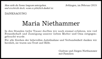 Traueranzeige von Maria Niethammer von Kreiszeitung Böblinger Bote