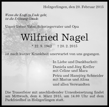 Traueranzeige von Wilfried Nagel von Kreiszeitung Böblinger Bote