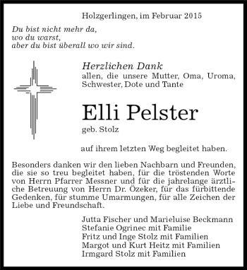 Traueranzeige von Elli Pelster von Kreiszeitung Böblinger Bote