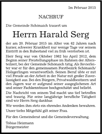 Traueranzeige von Harald Serg von Kreiszeitung Böblinger Bote