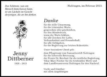 Traueranzeige von Jenny Dittberner von Kreiszeitung Böblinger Bote
