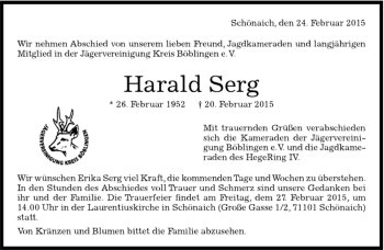 Traueranzeige von Harald Serg von Kreiszeitung Böblinger Bote