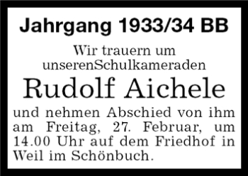 Traueranzeige von Rudolf Aichele von Kreiszeitung Böblinger Bote