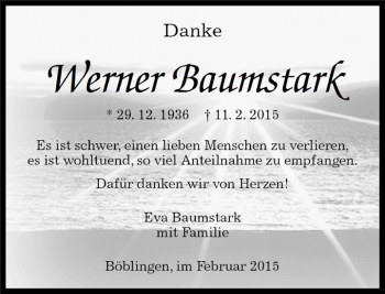 Traueranzeige von Werner Baumstark von Kreiszeitung Böblinger Bote