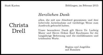 Traueranzeige von Christa Drell von Kreiszeitung Böblinger Bote