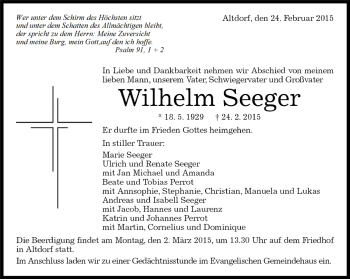 Traueranzeige von Wilhelm Seeger von Kreiszeitung Böblinger Bote