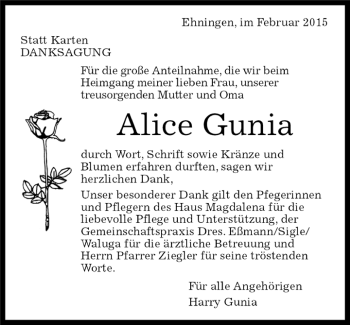 Traueranzeige von Alice Gunia von Kreiszeitung Böblinger Bote