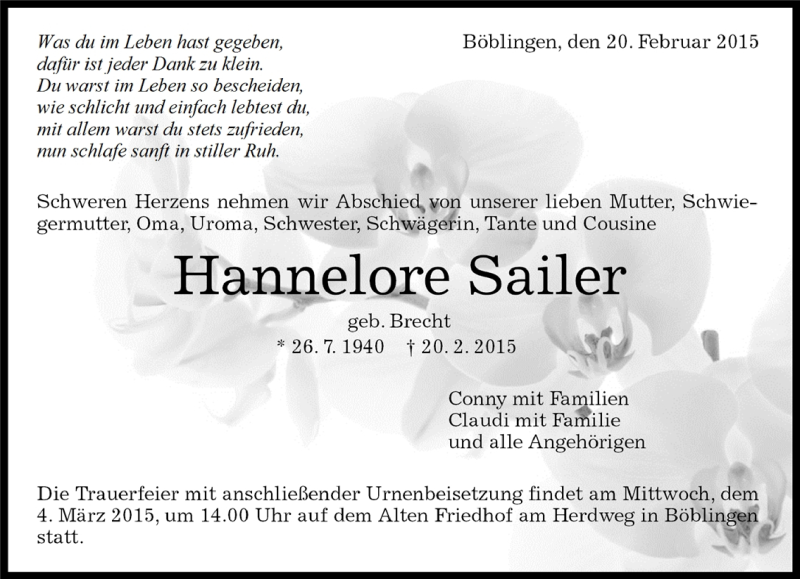  Traueranzeige für Hannelore Sailer vom 27.02.2015 aus Kreiszeitung Böblinger Bote
